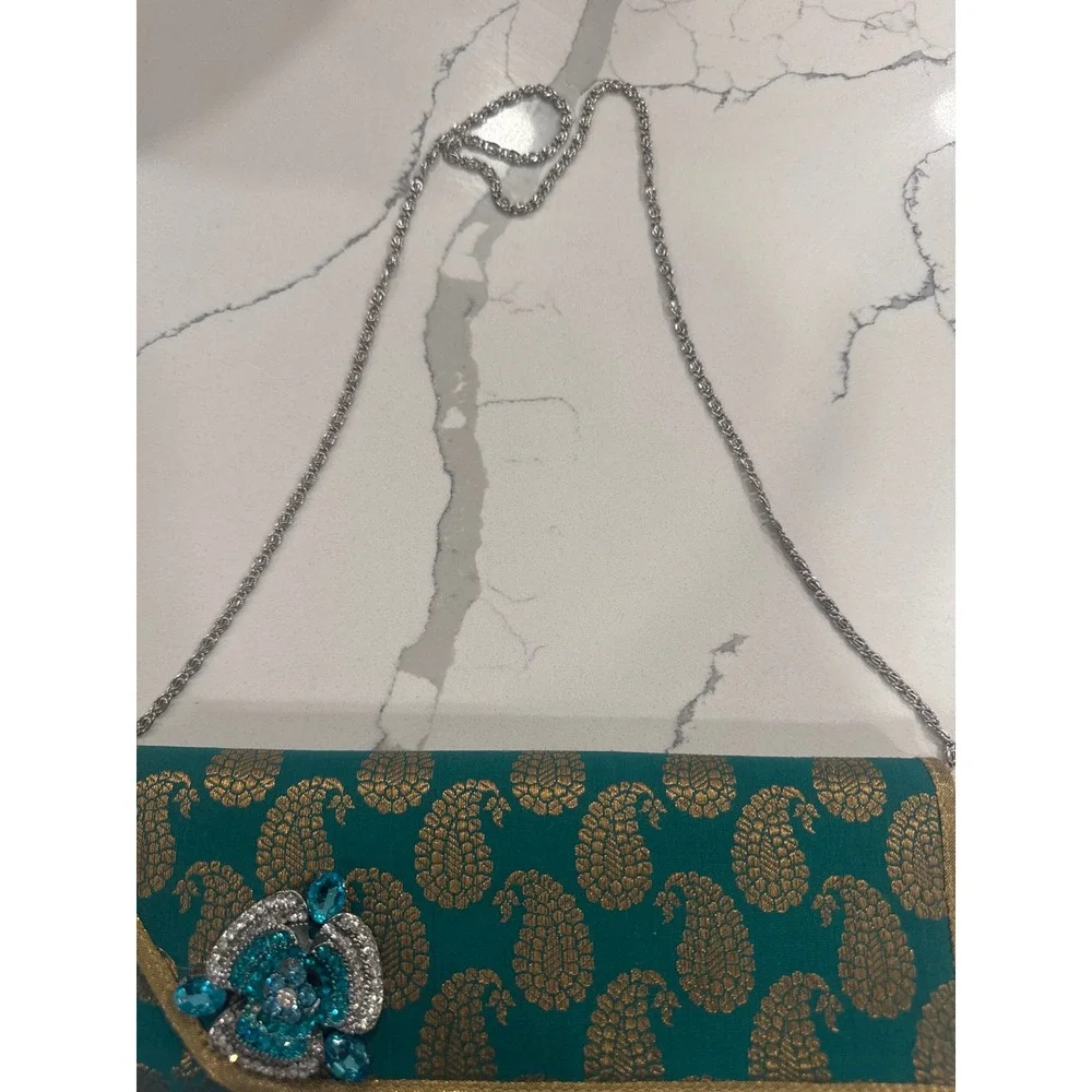 Teal Green Gold Paisley Brocade Clutch Evening Bag Rhinestone Flower Crystal